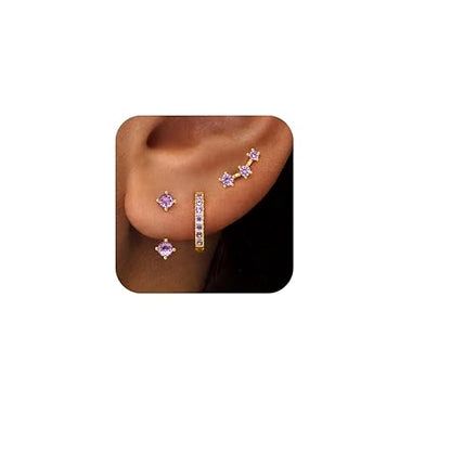 3 Pairs Dainty Small Earrings Set for Women Trendy, Birthstone Stud Huggie Hoop Jacket Stack for Cartilage Helix, Gold Plated Hypoallergenic Cute Women Fashion Accessories Western Jewelry Gifts - color: 06Purple Created Alexandrite-June (Gold)