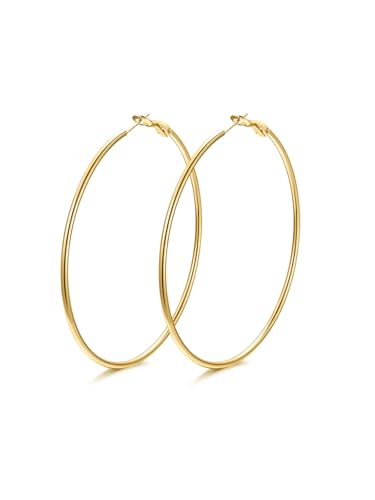 FindChic Thin Hoop Earrings for Women,Silver/Black/Gold Plated 20-100mm - color: Gold, size: 70mm