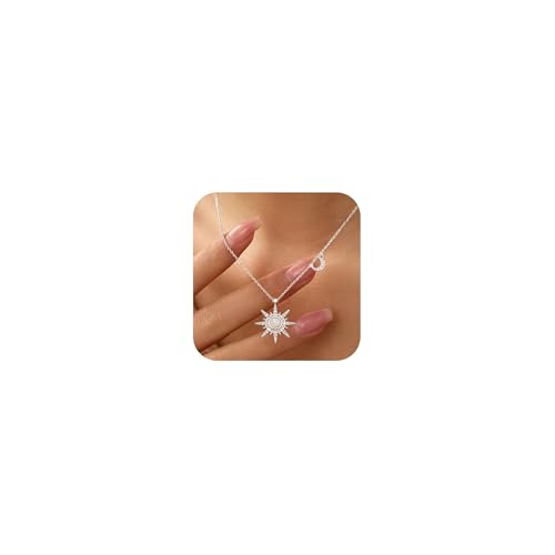 925 Sterling Silver North Star Pendant for Women 14K Gold Plated Starburst Opal Necklace North Star CZ Moon Sunburst Moonstone Choker Jewelry Gifts for Mom Daughter Friendship Birthday Graduation - color: Silver