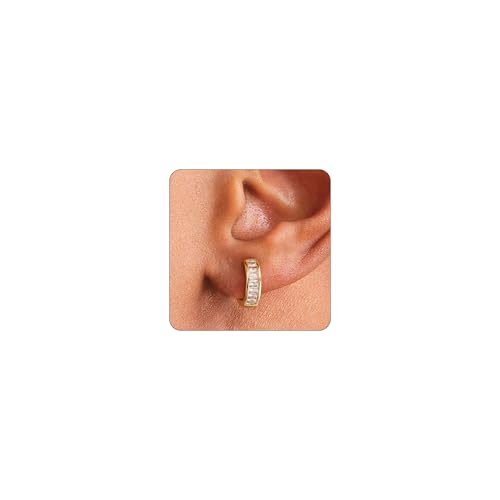 Hoop Earrings for Men - 14K Gold Plated Cartilage Huggie Earrings | Cubic Zirconia, Lightweight, CZ Inlaid, Hypoallergenic for Sensitive Ears, Mens jewelry Gift for Him - style: gold baguette cz