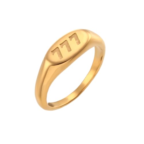 PAURO Women's Oval Angel Number Rings 111 222 333 444 555 666 777 888 999 | Stainless Steel Signet Style, Gold Plated Spiritual Statement Band, Numerology Jewelry Gift - color: Gold-777