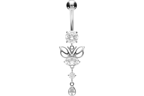 PIERCINGLINE titanium belly button piercing with internal thread, crystal butterfly - belly button ring gold, silver, rosegold piercing - color: Silver-colored