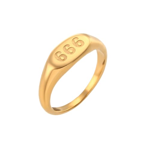 PAURO Women's Oval Angel Number Rings 111 222 333 444 555 666 777 888 999 | Stainless Steel Signet Style, Gold Plated Spiritual Statement Band, Numerology Jewelry Gift - color: Gold-666