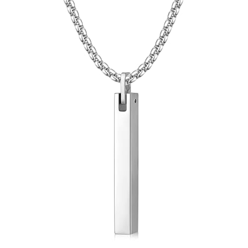 Fiusem Pendant Necklace for Men, Stainless Steel Bar Chain | Silver Tone/14k Gold Plated/Black Mens Pendant Necklaces with 2.5mm Box Chain, Jewelry Gifts 18-28 Inch - color: silver, size: 24 Inches, style: Clasp Rectangle
