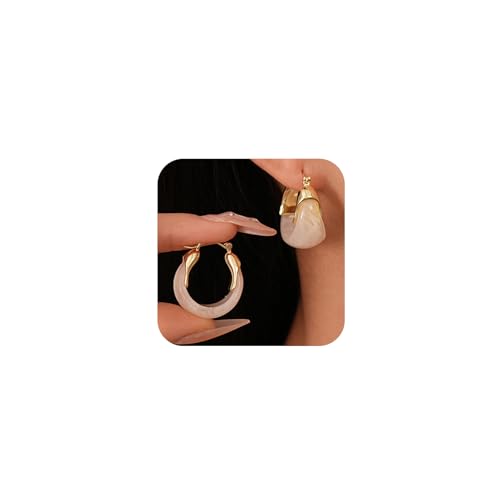 Cute Gold Chunky Brown Crystal Hoop Earrings for Women Statement, Vintage White Resin Stone Circle Drop Earring Exquisite Vacation Valentine Jewelry - color: White