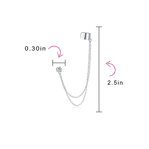 Bling Jewelry Geometric Cartilage Plain Band With Two Chains Ear Warp Cuff CZ Stud Ear Lobe Earring For Women Teens Men Rose 14K Gold Plated .925 Sterling Silver - color: Silver Tone