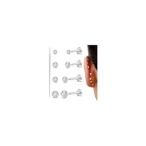 GEMQUEEN 4 Pairs 16G/18G/20G G23 Titanium Implant Grade Nose Studs Threadless Flat Back Earrings Hypoallergenic Flatback 5A CZ Cartilage Helix Tragus Conch Tiny Lip Piercing Jewelry for Women Men - color: Pure Titanium-16G(1.2MM)-Bar-6/8MM&CZ-2/3/4MM