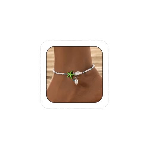 Beaded Ankle Bracelets for Women Boho Starfish Shell Pearl Beaded Ankle Bracelets Stacked Strench Silver Ankle Bracelet Non Tarnish Adjustable Hawaiian Summer Beach Surfer Foot Jewelry - color: Green