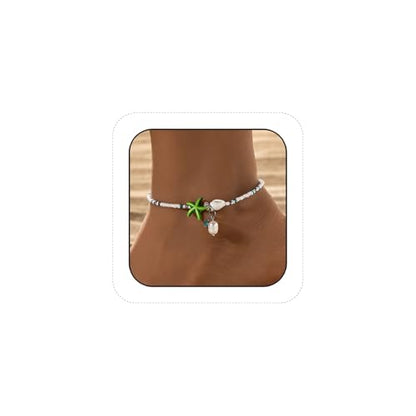 Beaded Ankle Bracelets for Women Boho Starfish Shell Pearl Beaded Ankle Bracelets Stacked Strench Silver Ankle Bracelet Non Tarnish Adjustable Hawaiian Summer Beach Surfer Foot Jewelry - color: Green