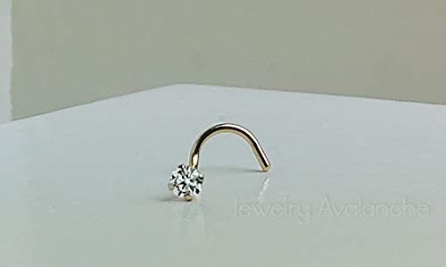 Jewelry Avalanche Solid 14Kt Gold Nose Screw, 24G Nose Hook, Nose Stud, 14kt Yellow Gold or 14kt White Gold Nose Ring Prong Set CZ Accent - style: 14kt yellow gold w/ 2mm cz