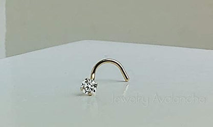Jewelry Avalanche Solid 14Kt Gold Nose Screw, 24G Nose Hook, Nose Stud, 14kt Yellow Gold or 14kt White Gold Nose Ring Prong Set CZ Accent - style: 14kt yellow gold w/ 2mm cz