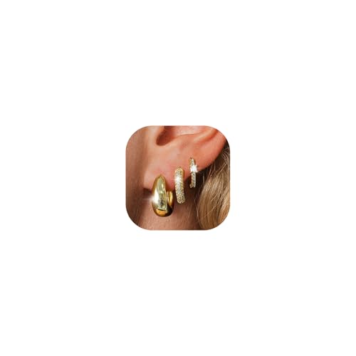 9 Pairs Gold Huggie Hoop Earrings Sets for Women, 14K Gold Plated Small Hoop Earring Sets for Multiple Piercing, Hypoallergenic Thick Lightweight Earring for Womens Jewelry Gifts - color: Gold-E