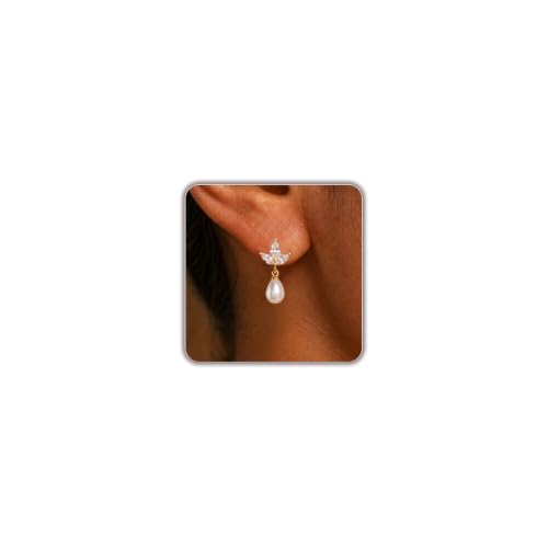 Gold Pearl Clip on Earrings for Women Elegant Small Cubic Zirconia Drop Earrings for Bridal Bridesmaid Wedding Jewelry - size: 0.98in