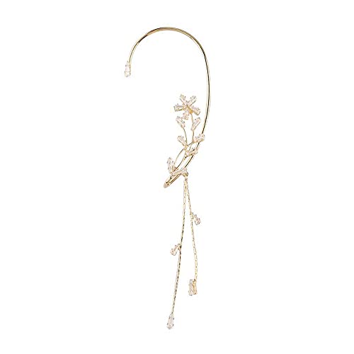 BETHYNAS Glitter Rhinestone Butterfly Flower Ear Cuff Sparkly Non-Pierced Crystal Tassel Fake Earrings Climber Lady Ear Wrap Bridal Party Ear Jewelry for Women and Girls - color: Gold Tassel Leaf