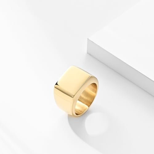 Kemstone Square Signet Ring for Men - Stainless Steel Flat Top Heavy Geometric Silver Gold Black - color: Gold, size: 7#