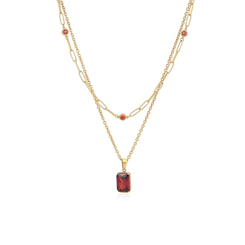 Birthstone Layered Pendant Paperclip Necklace 18k Gold Plated Heart Choker Chain Necklace Emerald Cut Jewelry Birthday Gift for Women - color: Emerald-Cut Ganet