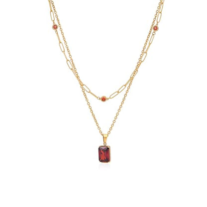 Birthstone Layered Pendant Paperclip Necklace 18k Gold Plated Heart Choker Chain Necklace Emerald Cut Jewelry Birthday Gift for Women - color: Emerald-Cut Ganet