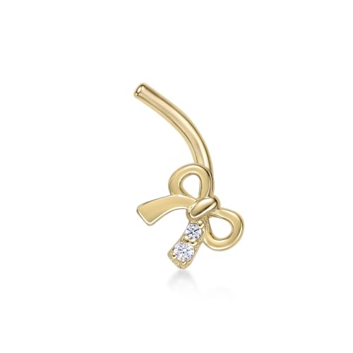 Lavari Jewelers 20 Gauge Curved Screw Nose Stud for Women - 14k Yellow Gold Cubic Zirconia Nose Ring for Her - CZ Unisex Hypoallergenic Nostril Piercing Jewelry - 20G Body Piercing for Men - style: Bow Tie Ribbon