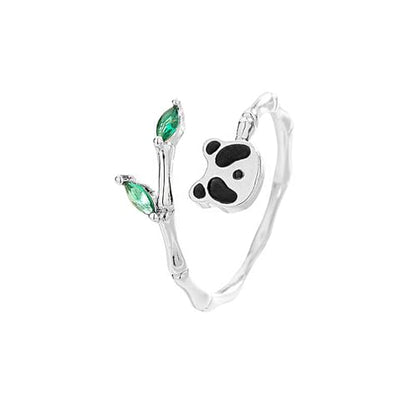 Adjustable Leaf Stackable Rings for Women Cubic Zirconia Stones Blue Leaves Purple Flower Open Band Stacking Finger Sliver Rings Fashion Plant Floral Aesthetic CZ Jewelry - color: bamboo panda