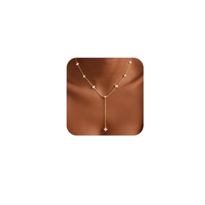 Long Gold Necklace for Women Dainty Layered Lariat Necklace | 14k Gold Plated Clover Teardrop CZ Y Shaped Drop Necklaces Cute Long Necklace for Women Trendy Prom Formal Womens Jewelry - color: Clover CZ y necklace