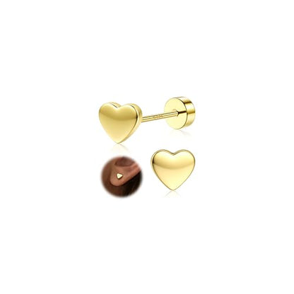 925 Sterling Silver Flat Back Stud Earrings for Women Hypoallergenic | 14K Gold Plated Cartilage Earrings for Sensitive Ears | Leaf Flower CZ Helix Tragus Piercing Jewelry - color: Gold-heart