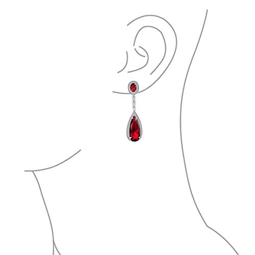 Long Cocktail CZ Halo Teardrop Chandelier Clip On Earrings Silver Plated - color: Red