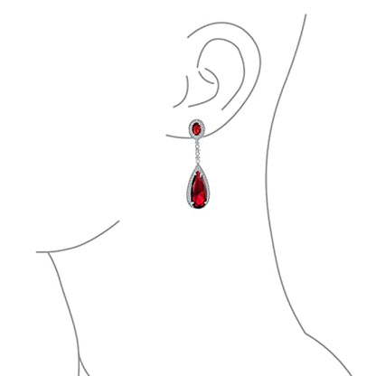Long Cocktail CZ Halo Teardrop Chandelier Clip On Earrings Silver Plated - color: Red