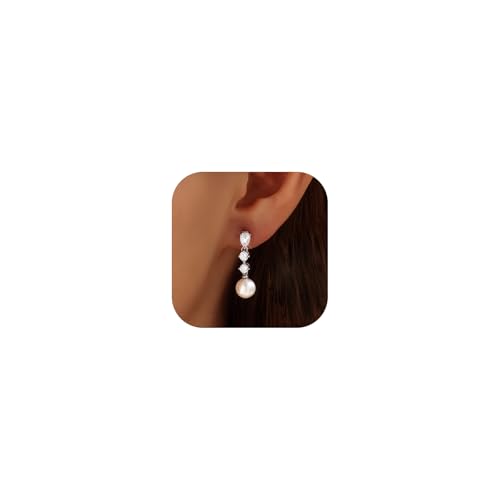 Pearl Earrings for Women, 14k Gold Plated Trendy Diamond Pearl Drop Earrings Bridal Shower Gifts Wedding jewelry for Women - color: Style F Silver