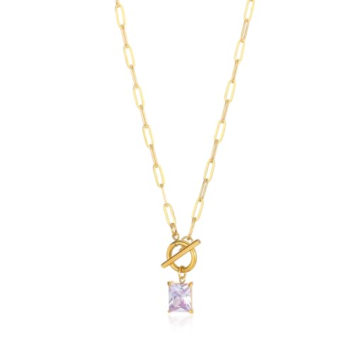 Diamond Necklaces for Women Natural Stone Paperclip Toggle Necklace 14K Gold Plated Emerald Birthstone Necklace for Women Paper Clip Chain Blue Green Cubic Zirconia Pendant Birthday Gifts for Women Mother Jewelry - color: 06. June(Alexandrite)