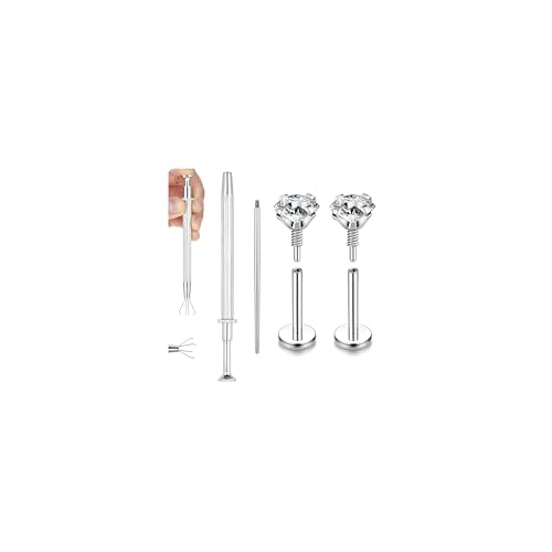20G Internal Thread Cartilage Earrings Studs Surgical Steel Nose Rings Stud | Flat Back Stud Piercing Jewelry for Tragus/Helix/Conch/Medusa/Lip/Labret - color: BL:7mm;CZ:3mm