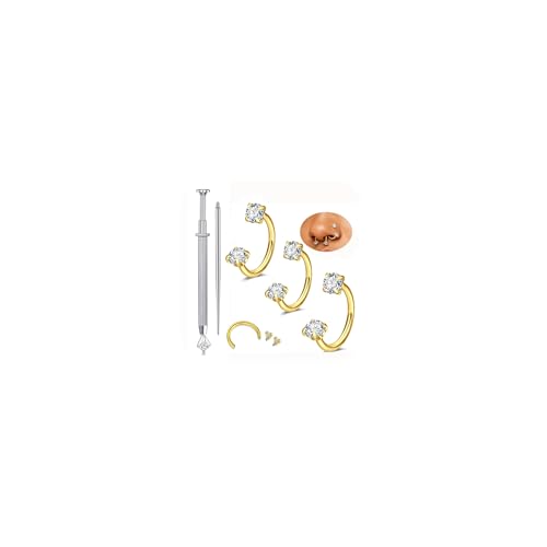 QWALIT 18g 20g Nose Stud 18g Surgical Stainless Steel Silver Gold Horseshoe Nose Ring for Women Hypoallergenic Double Stud Gem 18gauge Corkscrew Nostril Piercing Jewelry for Men Trendy - color: D4-double stud -gold -20g 6mm