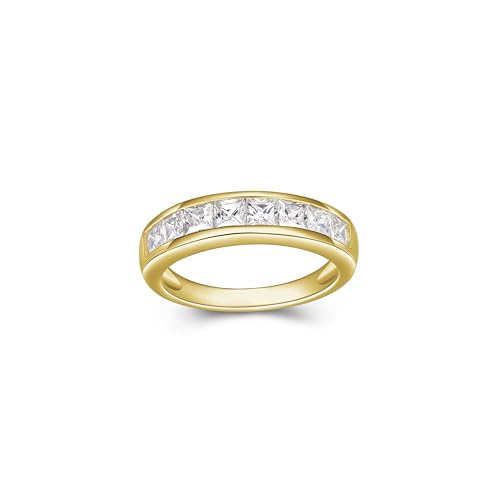 MORGAN & PAIGE .925 Sterling Silver Platinum or 18K Gold Plated Anniversary Wedding Rings for Women - Classic Channel-Set Princess Cut Cubic Zirconia Ring, Stackable Wedding Bands for Women Size 5-9 - color: Gold
