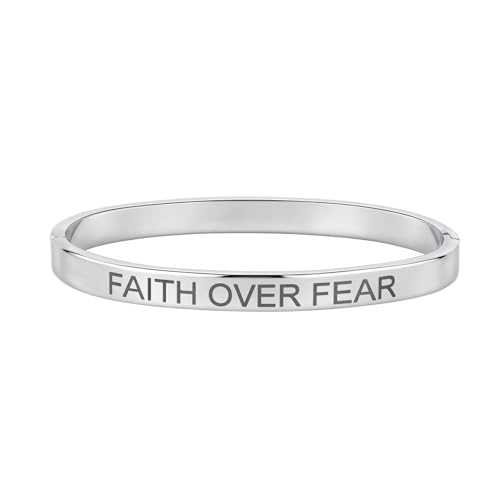 Inspirational Christian Bracelet for Women, Oval Engraved Bible Verse Love Bangle Cuff, Faith Scripture Jewelry, Religious Encouragement Gift for Mom Daughter Sister Friend - color: FAITH OVER FEAR-Oval Bangle Silver
