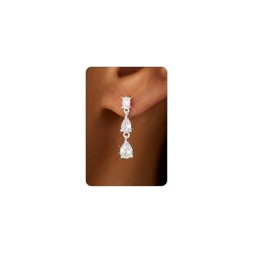 LLWOM 14K Gold Plated Cubic Zirconia Elegant Dangle Earrings for Women | CZ/Flower/North Star/Leaf Drop Earrings for Women, Statement Earrings for Wedding Party Prom, Hypoallergenic Jewelry Gift - color: Silver 3 Teardrop
