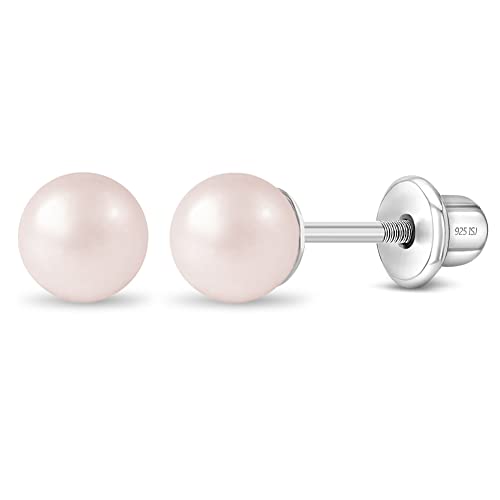 In Season Jewelry Pink Simulated Pearl Kids Earrings - 925 Sterling Silver Hypoallergenic Earrings for Girls with Safety Screw Backs - Safe & Comfortable for Toddlers, Kids & Little Girls, 3mm-5mm