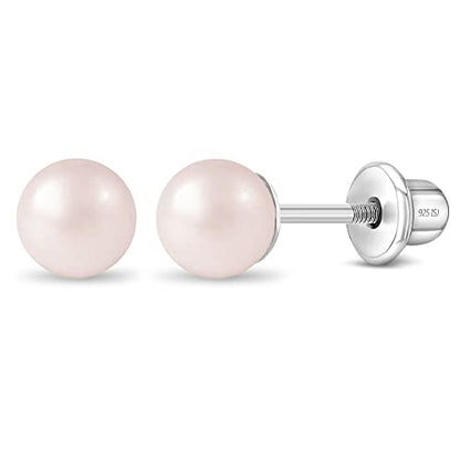 In Season Jewelry Pink Simulated Pearl Kids Earrings - 925 Sterling Silver Hypoallergenic Earrings for Girls with Safety Screw Backs - Safe & Comfortable for Toddlers, Kids & Little Girls, 3mm-5mm