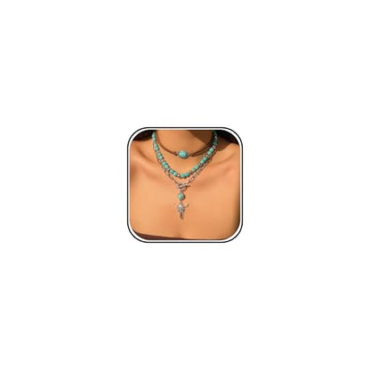 HUASAI Boho Necklaces for Women Dainty Layered Choker Necklace Bohemian Turquoise Necklace Statement Jewelry Western Cowgirl Country Concert Outfits Accessories - color: A-Boho
