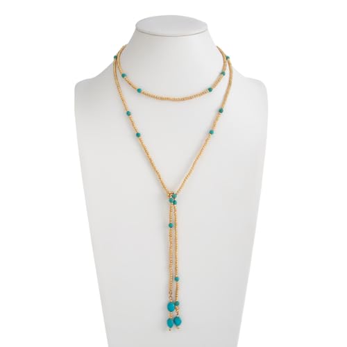 Green Beaded Lariat Necklace with Baroque Pearl Drops – Adjustable Wrap Y Style Jewelry, Beach and Bohemian Outfit Accessory for Women - color: Gold Turquoise