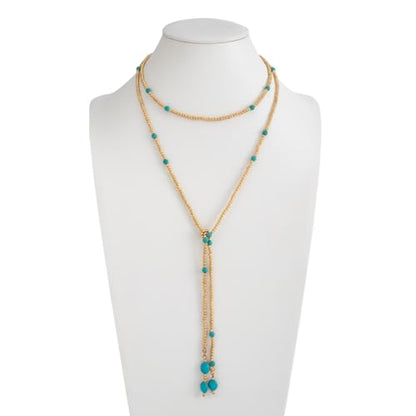 Green Beaded Lariat Necklace with Baroque Pearl Drops – Adjustable Wrap Y Style Jewelry, Beach and Bohemian Outfit Accessory for Women - color: Gold Turquoise