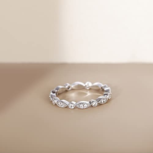 EAMTI 925 Sterling Silver Wedding Band for Women Cubic Zirconia Marquise & Round Milgrain Full Eternity Stackable Ring Size 3-13 - color: Sterling Silver-Silver