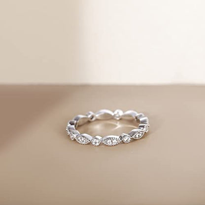 EAMTI 925 Sterling Silver Wedding Band for Women Cubic Zirconia Marquise & Round Milgrain Full Eternity Stackable Ring Size 3-13 - color: Sterling Silver-Silver