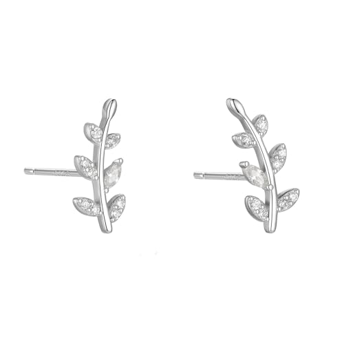 Rnivida 925 Sterling Silver Dainty Cz Climber Stud Earrings, Hypoallergenic Small Cubic Zirconia Ear Crawler Earring for Women - color: Leaf - Silver