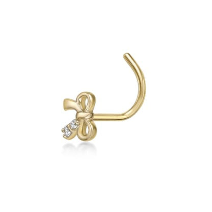 Lavari Jewelers 20 Gauge Curved Screw Nose Stud for Women - 14k Yellow Gold Cubic Zirconia Nose Ring for Her - CZ Unisex Hypoallergenic Nostril Piercing Jewelry - 20G Body Piercing for Men - style: Bow Tie Ribbon