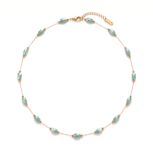 RINHOO Dainty Beaded Necklace for Women 18K Gold Plated Stainless Steel Colorful Blue Pink Choker Boho Choker Necklace Jewelry Gift for Women - color: Style 2-Green