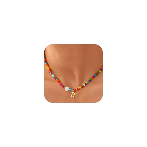Fashionable Gifts for Teenagers -Unique Colorful Initial Necklaces for Girls Women Kids, Teen Girls Gifts Trendy Stuff Beaded Initial A-Z Necklace Dainty Letter Choker Necklace for Girl Gift Jewelry - color: R