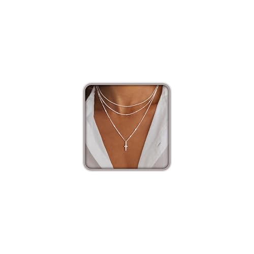 Layered Gold Necklace for Women Trendy,14K Gold Plated Dainty Stackable Cuban Link Herringbone Paperclip Chain Diamond/Coin/Cross/Tag/Mobius Pendant Necklace Set Fashion Jewelry Christmas Gifts - color: Silver Tiny Cross