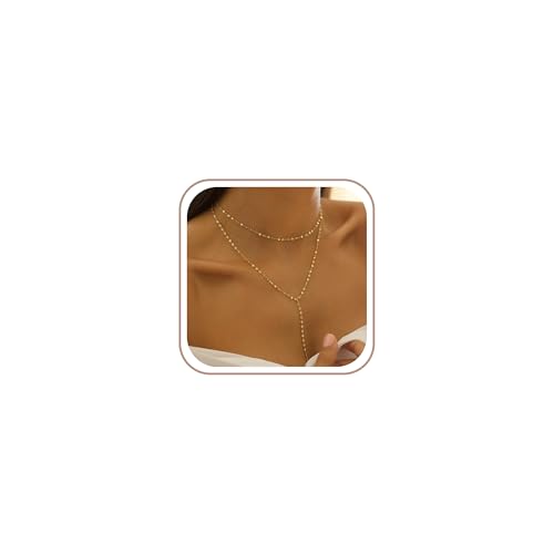 Lariat Gold Necklace for Women Dainty Long 14K Gold Plated Y-Shaped Body Chain Choker Necklace Trendy Non Tarnish Pendant Simple Layered Necklaces Gold Jewelry for Women Set Gift - color: Double Lip Chain