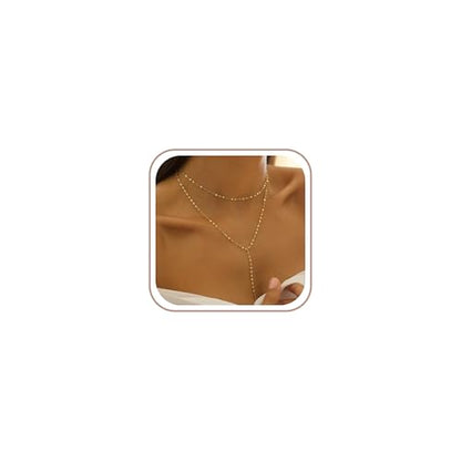 Lariat Gold Necklace for Women Dainty Long 14K Gold Plated Y-Shaped Body Chain Choker Necklace Trendy Non Tarnish Pendant Simple Layered Necklaces Gold Jewelry for Women Set Gift - color: Double Lip Chain