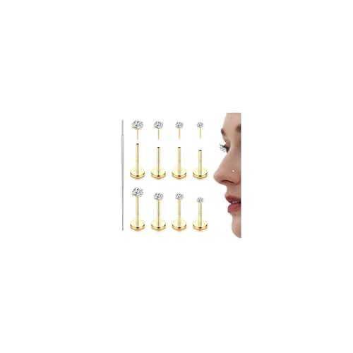 LOLIAS 14K Gold Plated Threadless Nose Studs, Nose Rings for Women 20G 18G | Hypoallergenic 316L Surgical Steel Labret Studs, Push In Flat Back Earrings, CZ Nose Nostril Tragus Helix Piercing Jewelry - color: 14K Gold Plated, size: 20G-1.5/2/2.5/3mm CZ