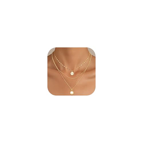 Kakonia Layered Gold Necklaces for Women, 3-Piece Gold Necklace Stack | 14K gold plated pendant necklace set, 3 dainty gold chains, trendy jewelry for women, ideal for weddings, proms or gifting - style: White Round Pendant